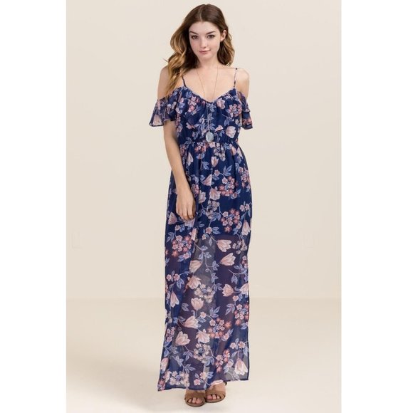 Miami Cold Shoulder maxi gown blue floral print S - Picture 1 of 6
